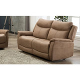 Tan fabric recliner sofa with padded arms and high backrest in modern living room