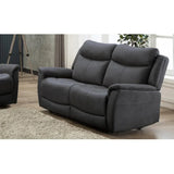 Charcoal fabric recliner sofa with padded armrests and cushions in living room setting