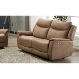 Brown fabric reclining sofa with padded armrests and headrests in modern living room