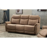 Beige fabric recliner sofa with padded seats and armrests in modern living room setting