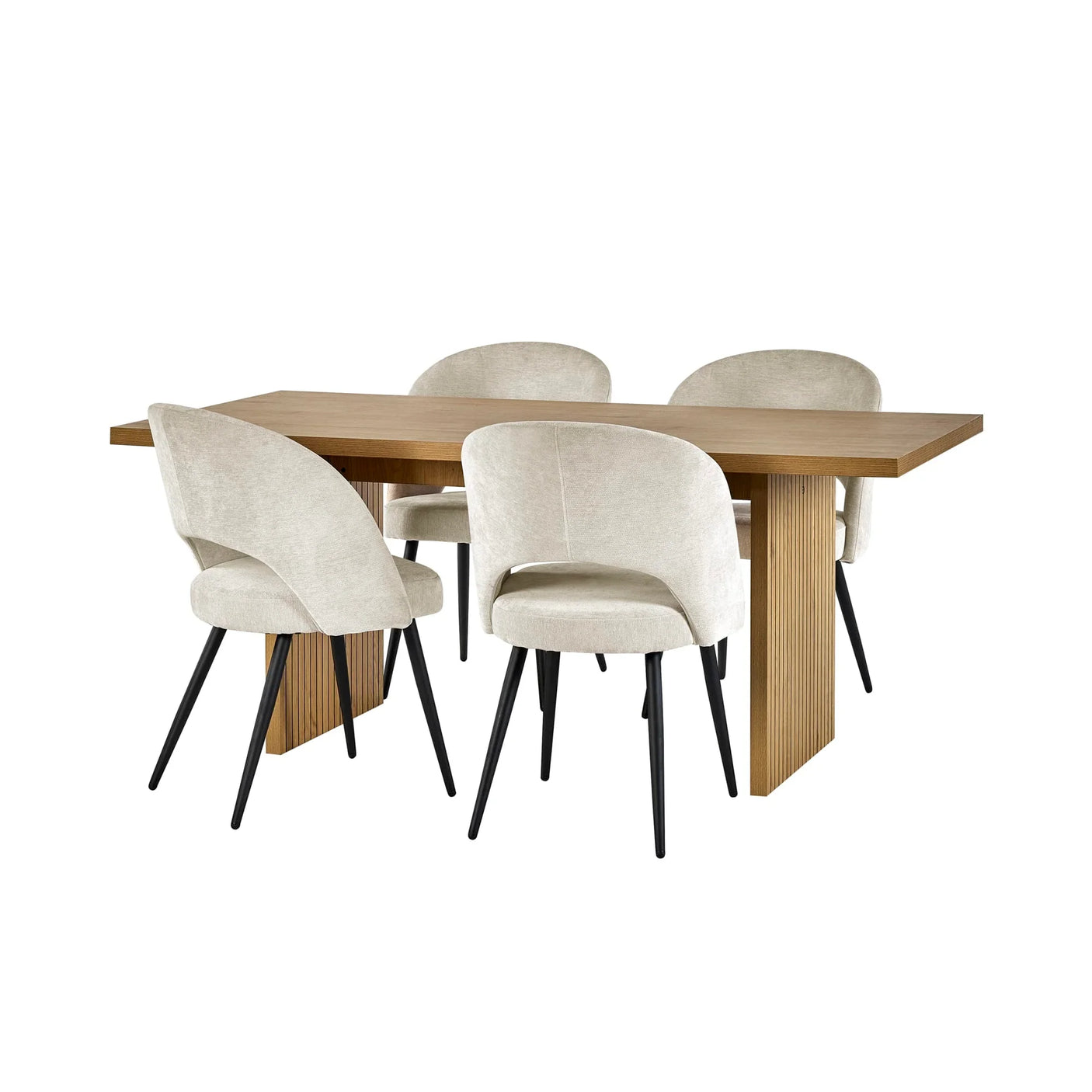 Rectangular oak dining table with four cream velvet chairs and black legs