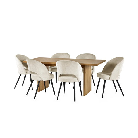Rectangular oak dining table set with six cream upholstered chairs and black legs