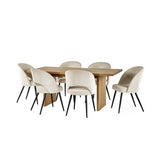Rectangular oak dining table set with six cream upholstered chairs and black legs