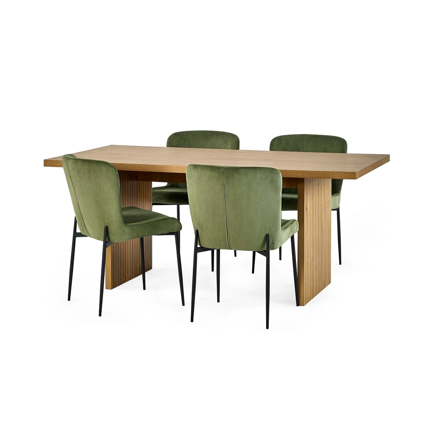 Oak dining table with four green velvet dining chairs and black metal legs