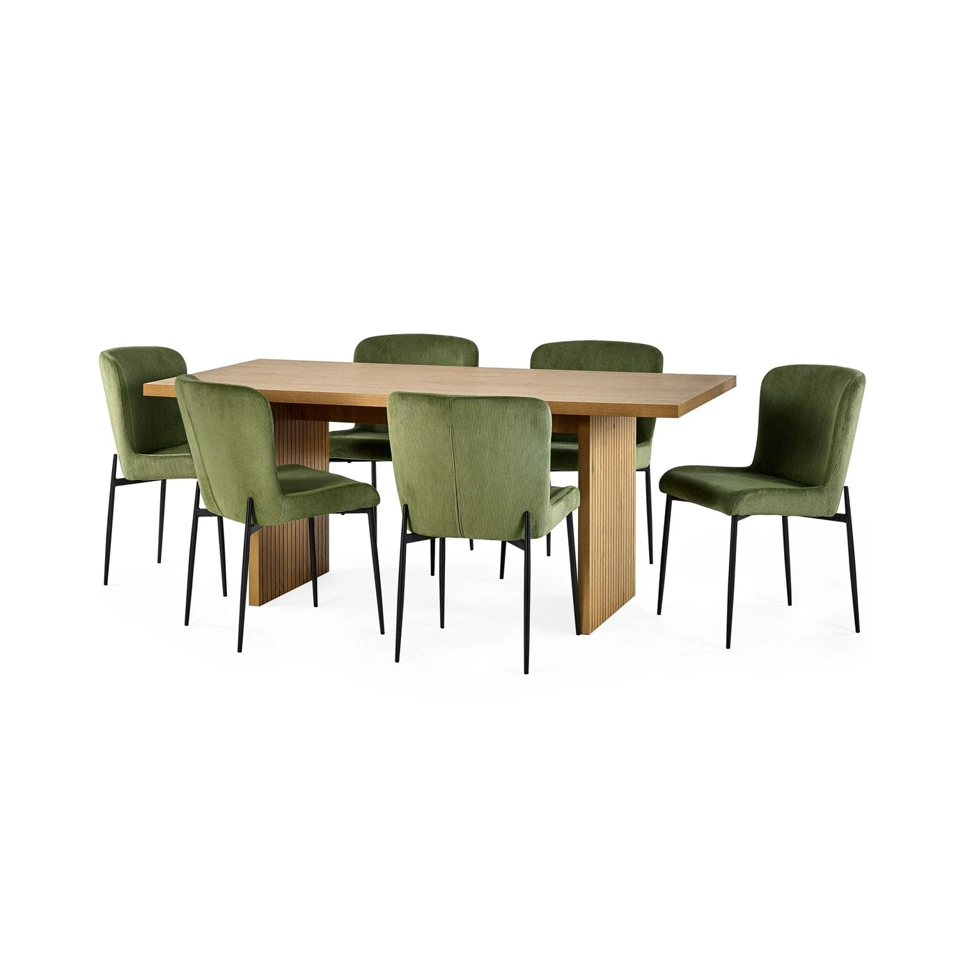 Rectangular wood dining table set with six green velvet chairs and black metal legs