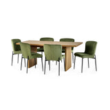 Rectangular wood dining table set with six green velvet chairs and black metal legs