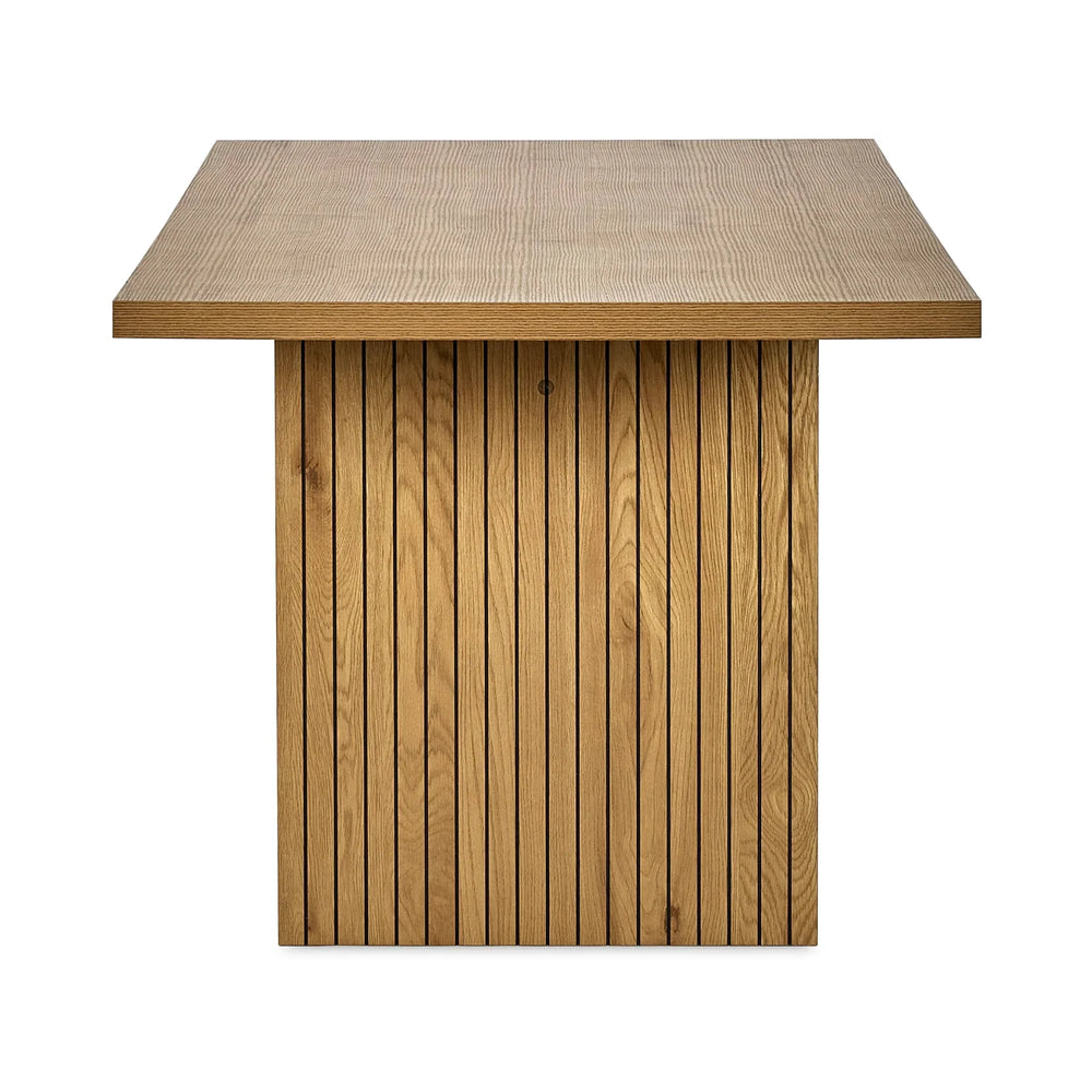 Rectangular wooden dining table with vertical slat base, front view