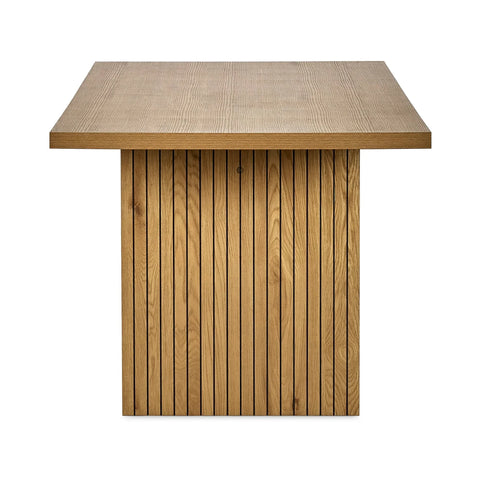 Rectangular wooden dining table with vertical slat base, front view