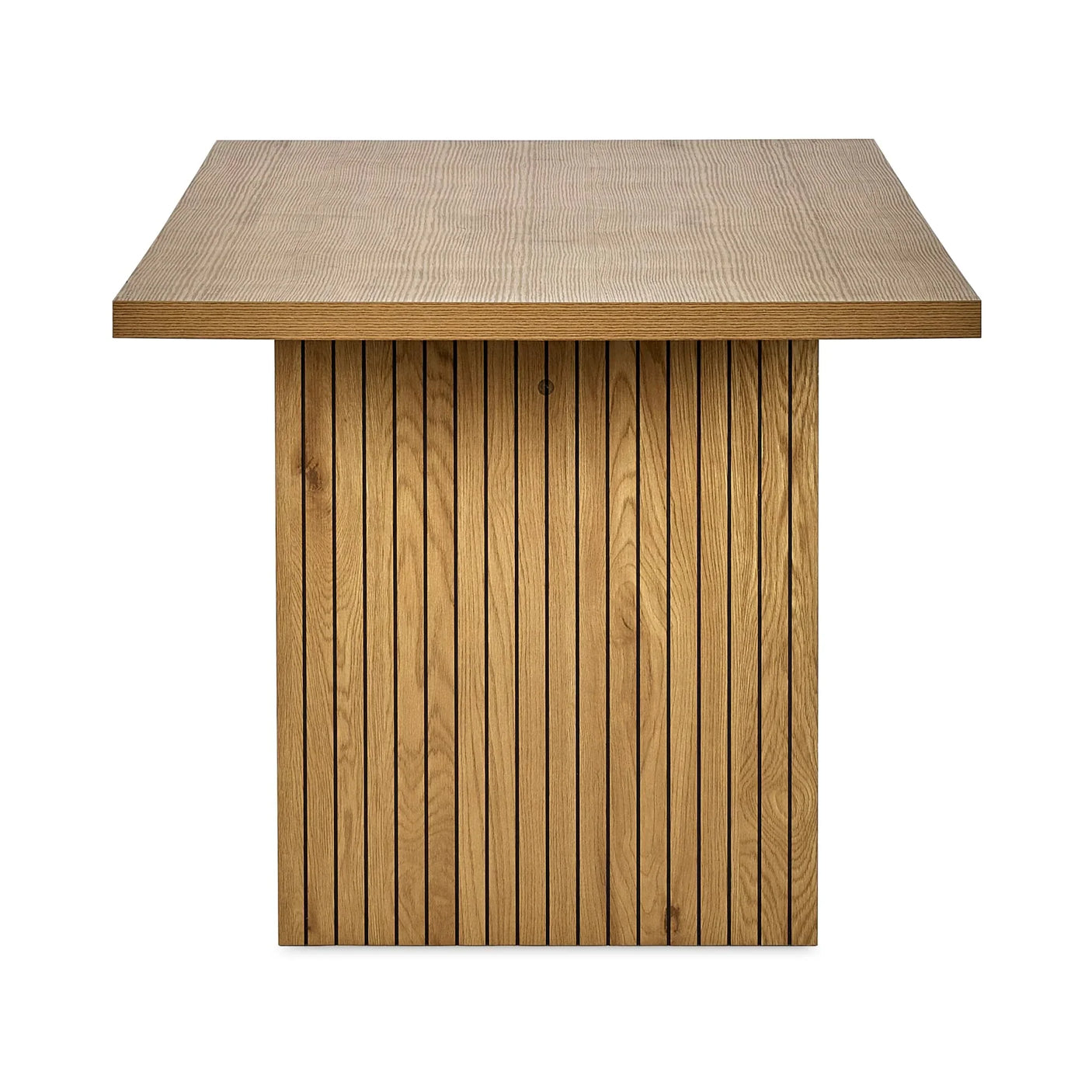 Rectangular wooden dining table with vertical slat base, front view