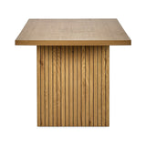Rectangular wooden dining table with vertical slat base, front view