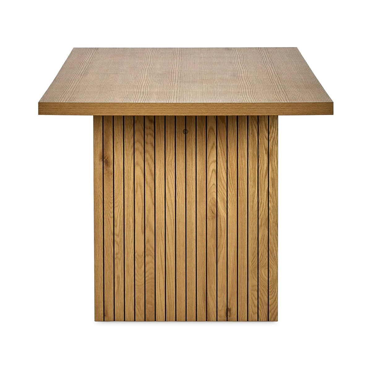 Rectangular wooden dining table with vertical slat base, front view