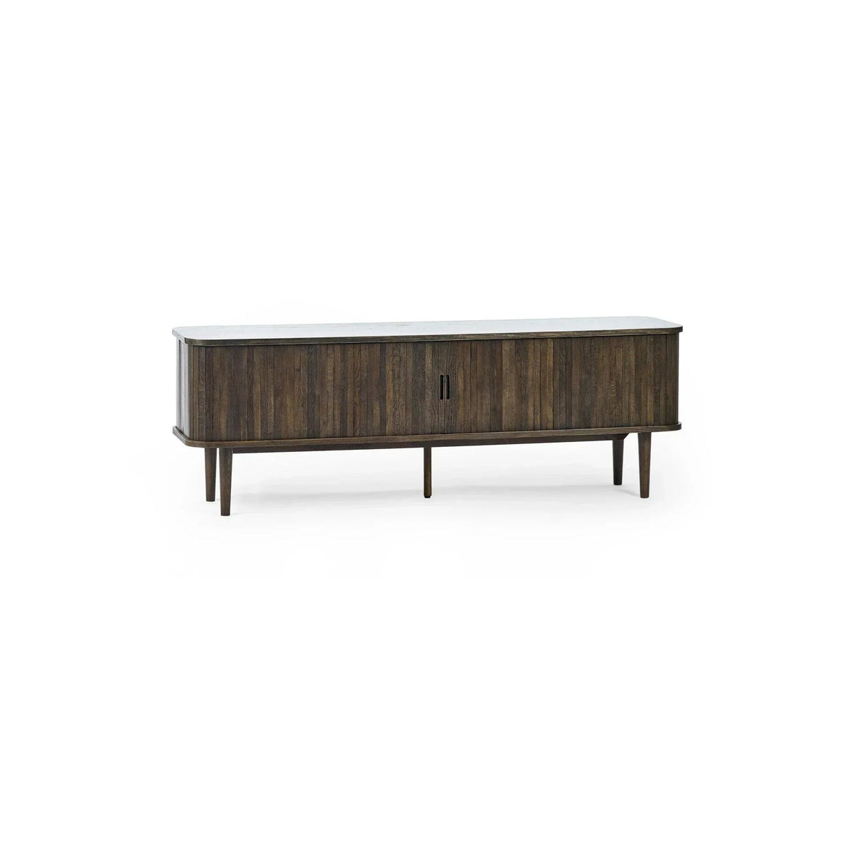Dark wood sideboard with fluted vertical door panels and marble-effect top, front view