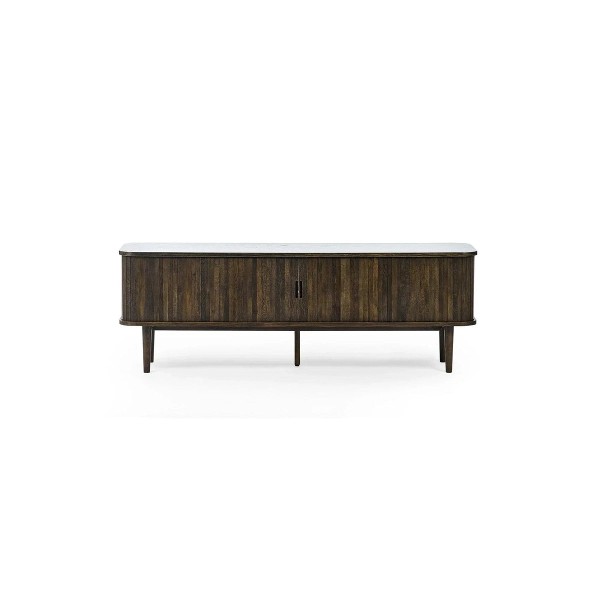 Long low sideboard in dark wood with a white marble-effect top, straight-on view