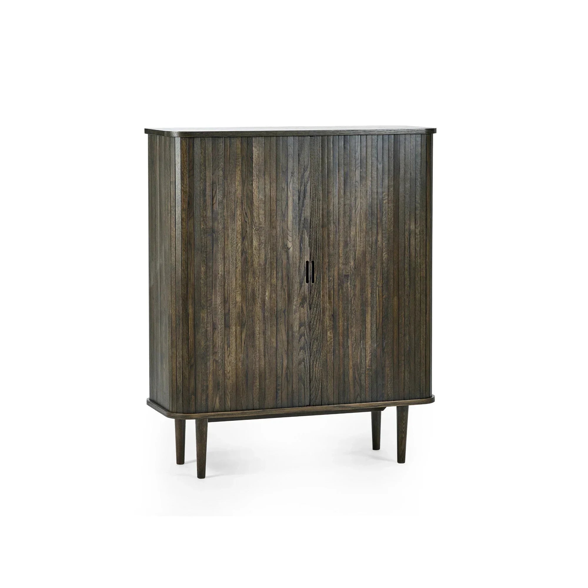 Dark wood storage cabinet with vertical slatted doors and tapered legs on white background
