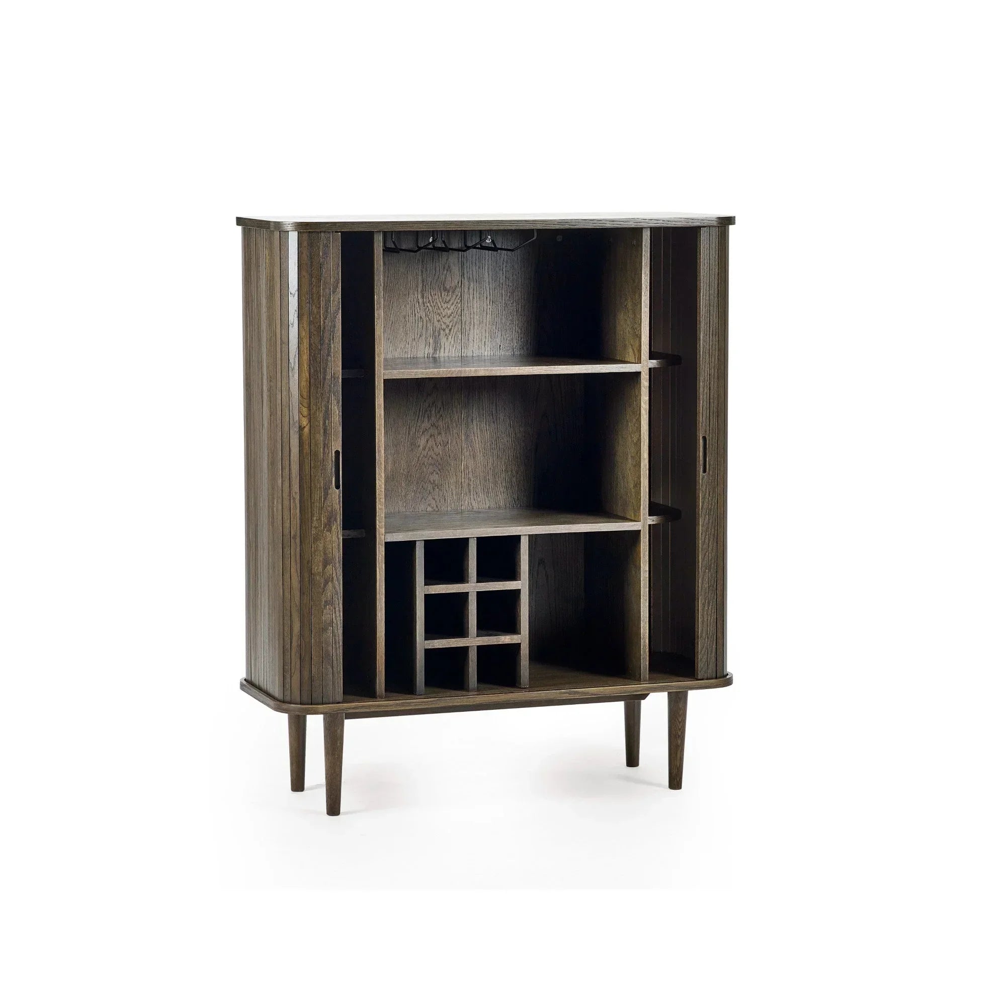 Dark wood drinks cabinet with open shelving, wine rack compartments, and tall legs