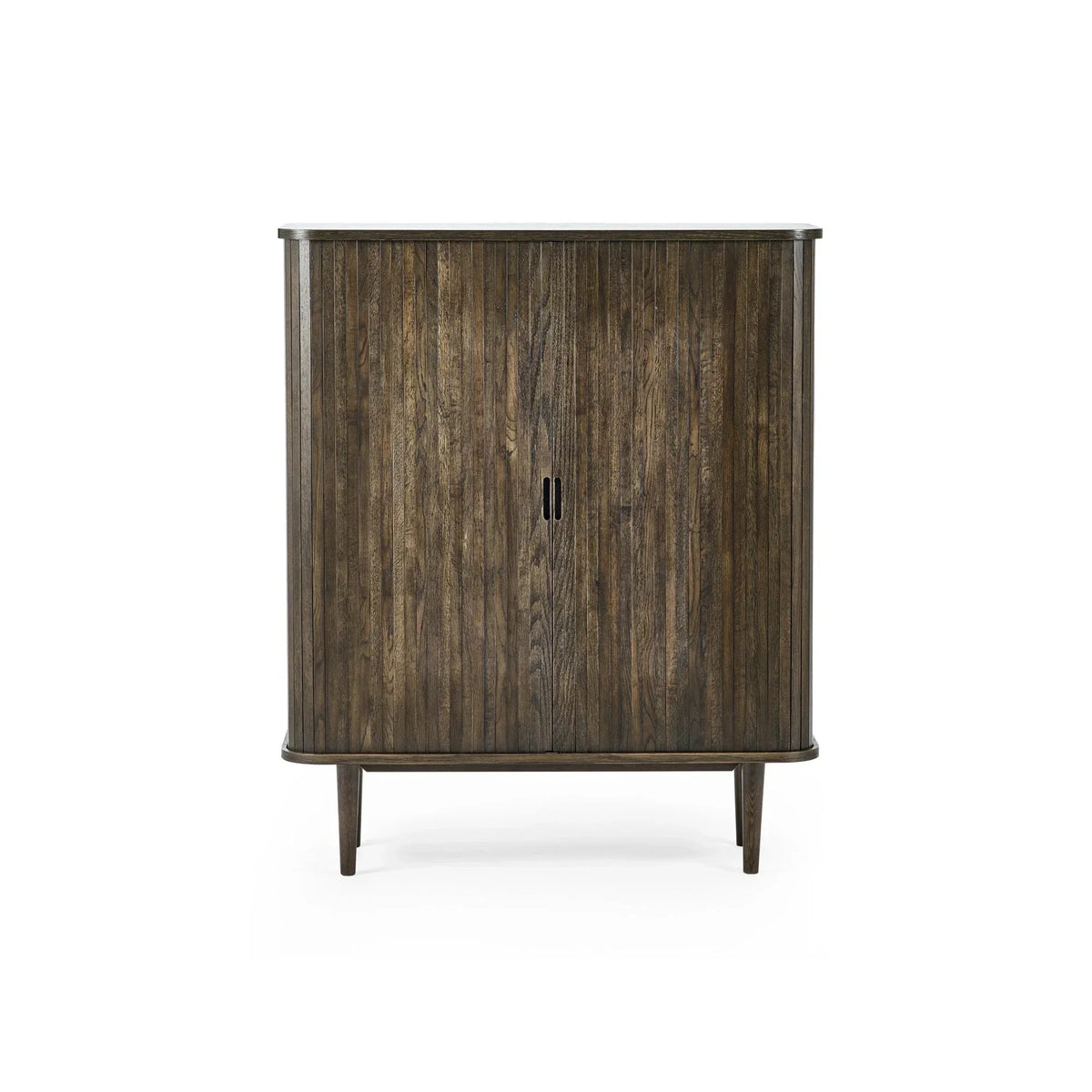 Dark wood cabinet with vertical slats and tapered legs, front view on white background