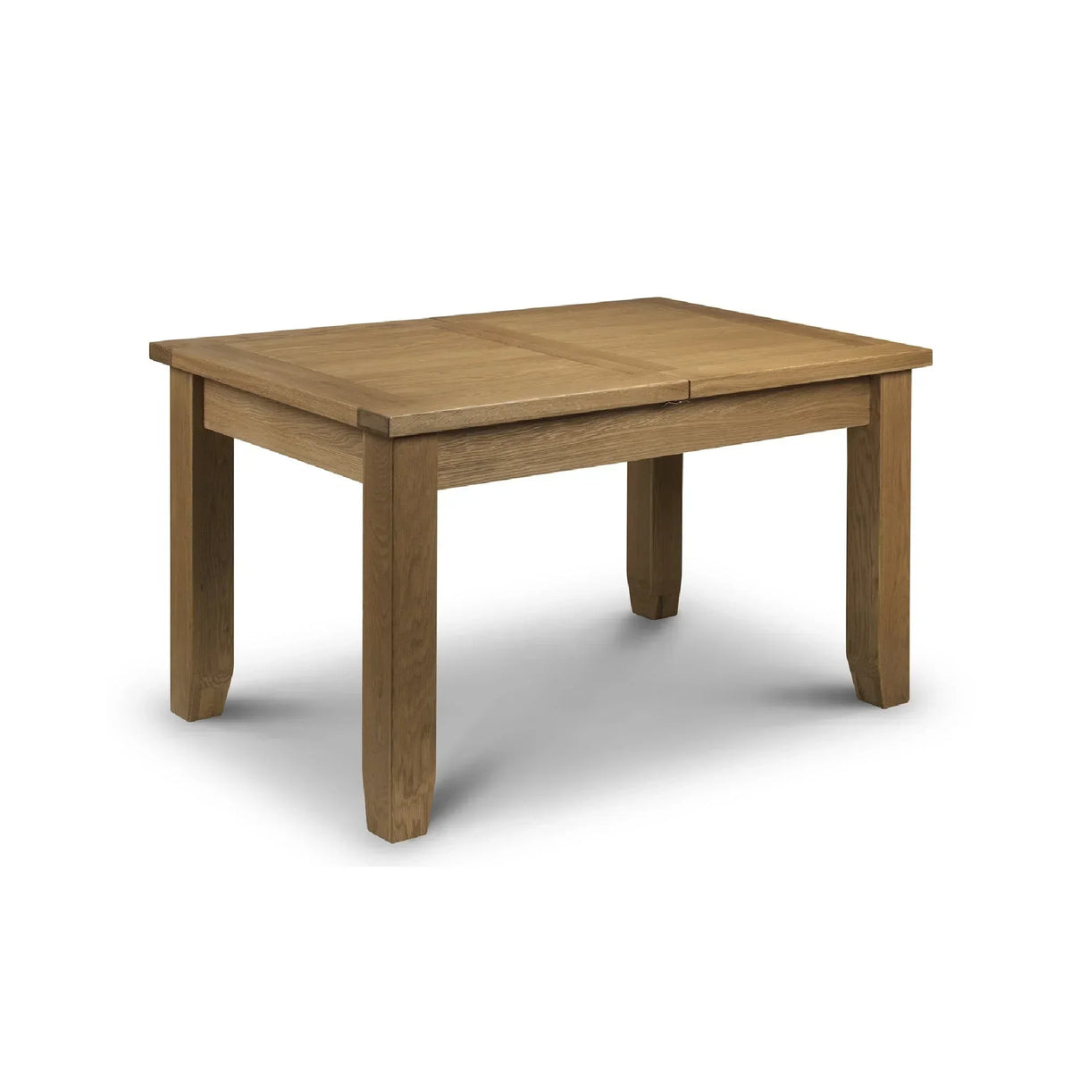 Rectangular oak extending dining table with clean lines and sturdy legs on white background
