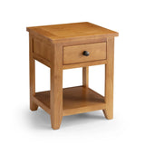 Oak lamp table with one drawer, lower shelf, and metal handle, angled front view