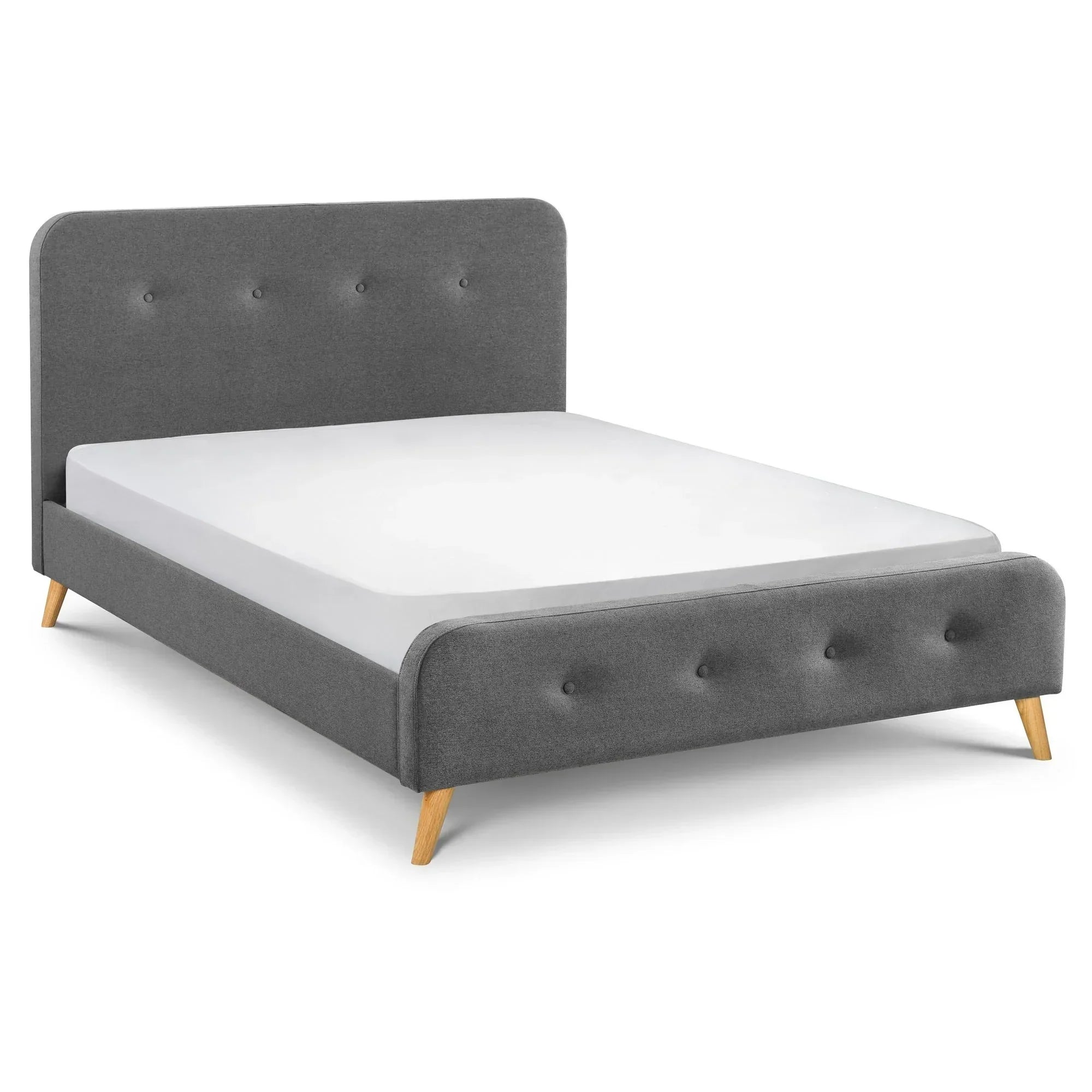Grey linen double bed frame with buttoned headboard and wooden legs, front angle view