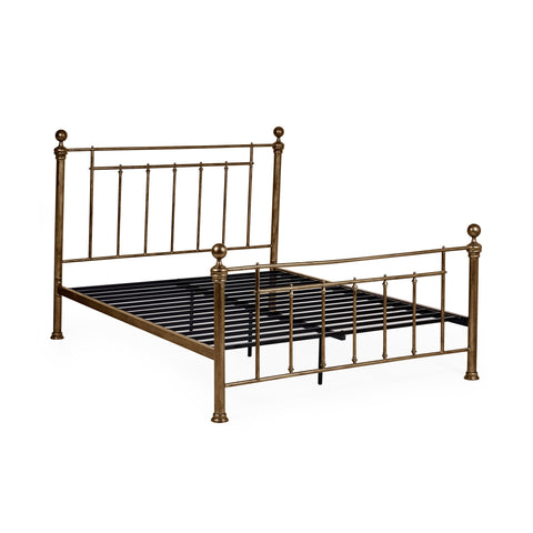 Gold metal bed frame without mattress, showing metal slats and vertical spindles on white background