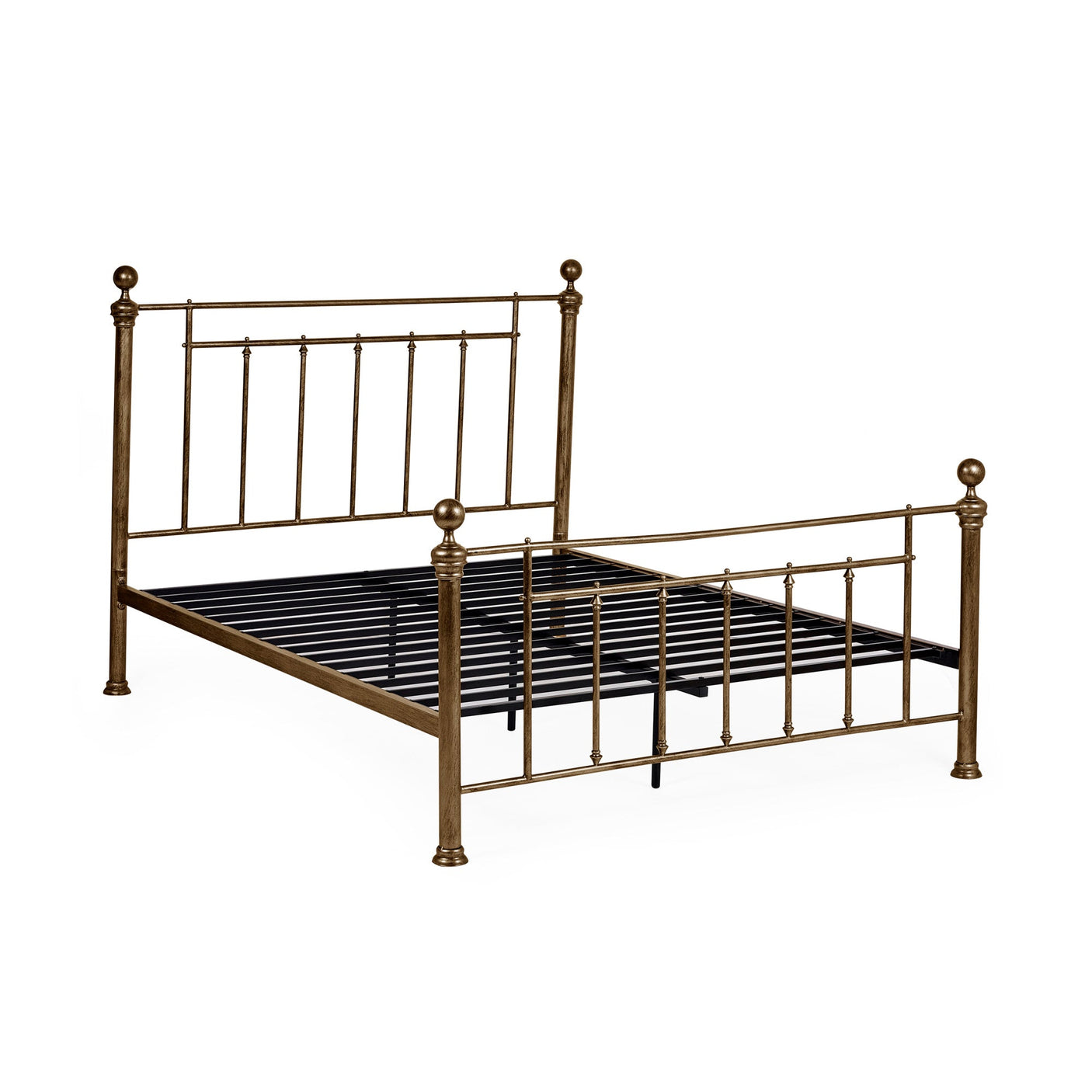 Gold metal bed frame without mattress, showing metal slats and vertical spindles on white background