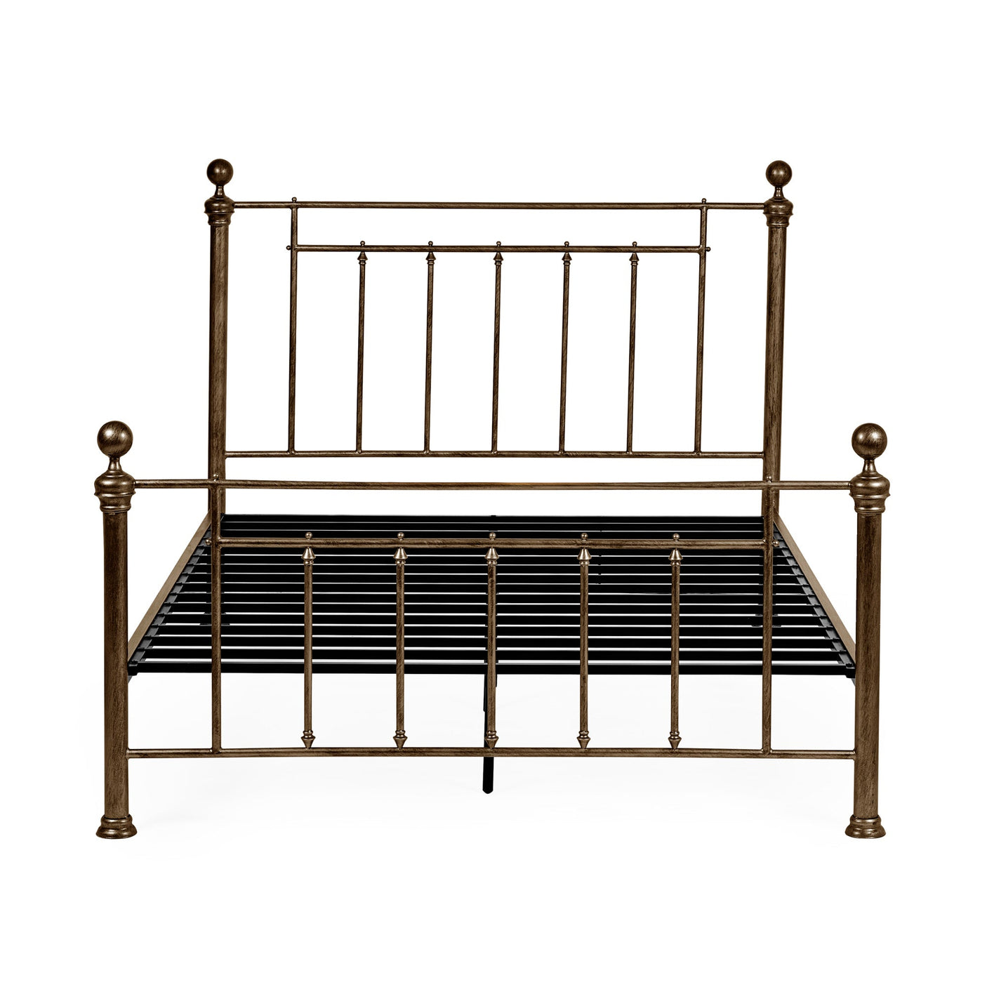 Front view of gold metal bed frame with vertical spindles and metal slats on white background