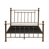 Front view of gold metal bed frame with vertical spindles and metal slats on white background