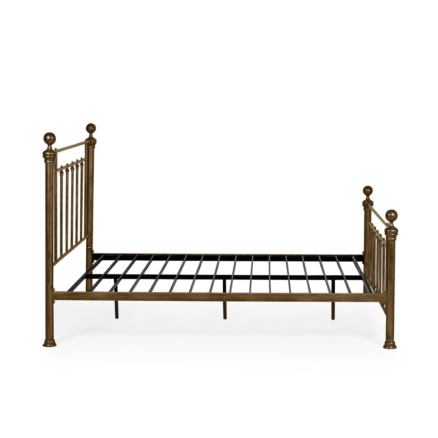 Full view of metal bed frame in antique brass finish with vertical bars and rounded finials.
