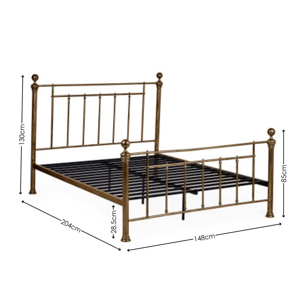 Bronze metal bed frame with vertical bars, rounded finials, slatted base, angled view with dimensions noted