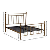 Bronze metal bed frame with vertical bars, rounded finials, slatted base, angled view with dimensions noted