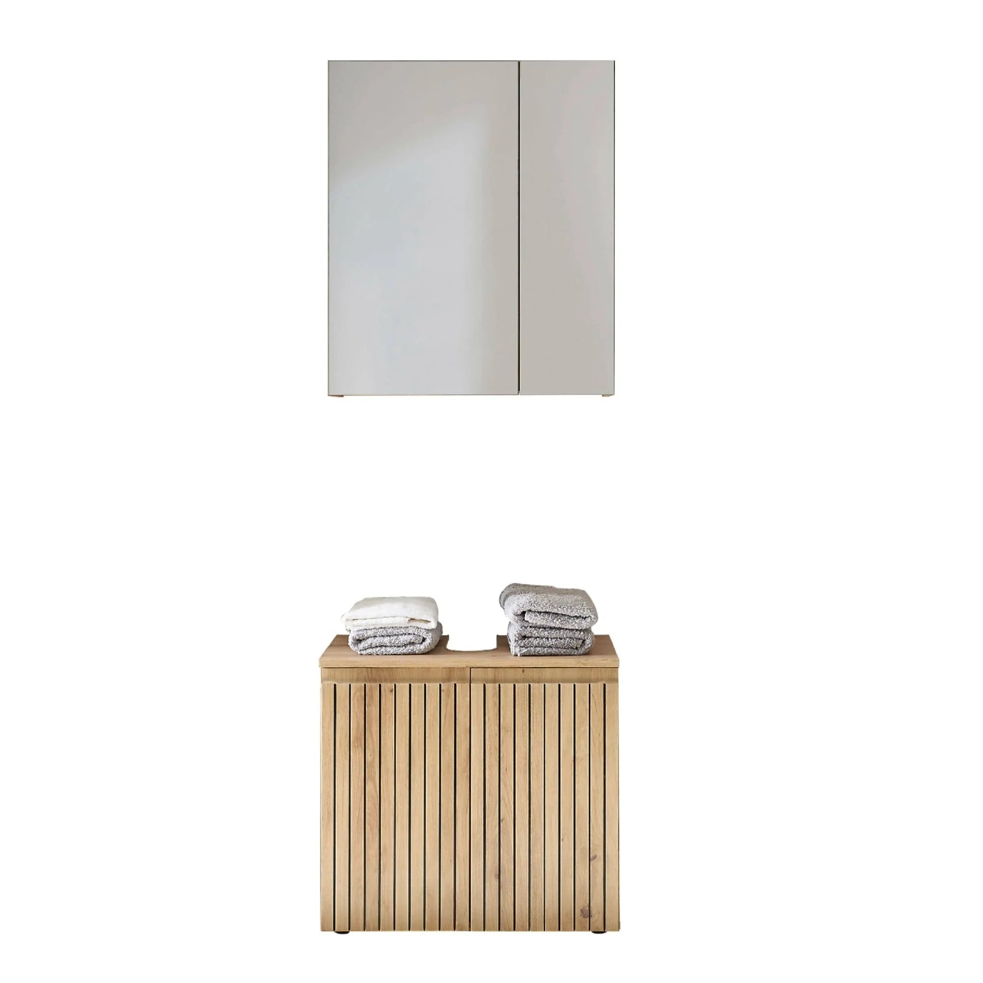 Wooden slatted laundry basket with folded towels and modern wall cabinet above
