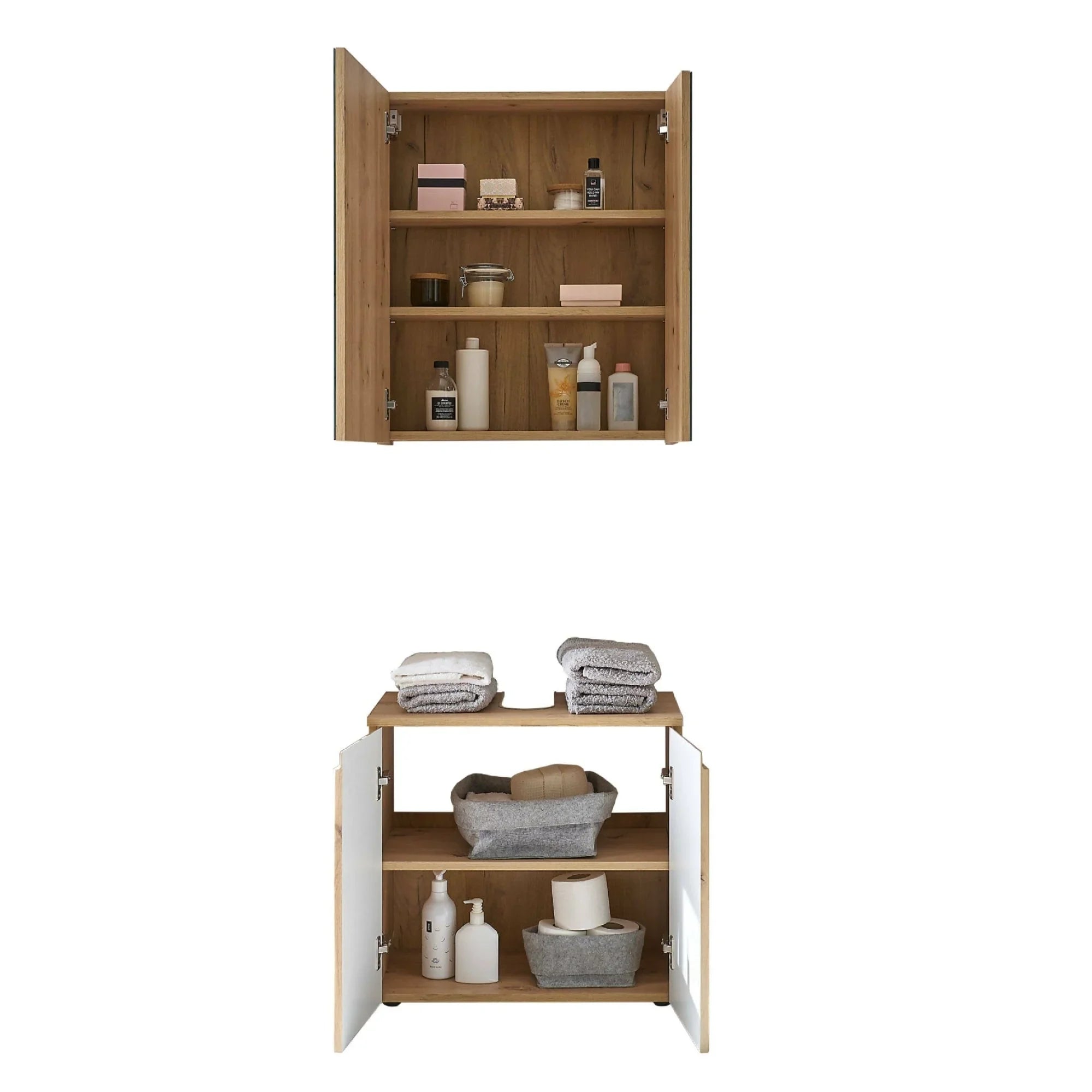 Oak bathroom storage cabinets with open doors showing shelves, toiletries and towels