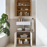 Oak bathroom vanity unit with open storage shelves, white basin and matching wall cabinet