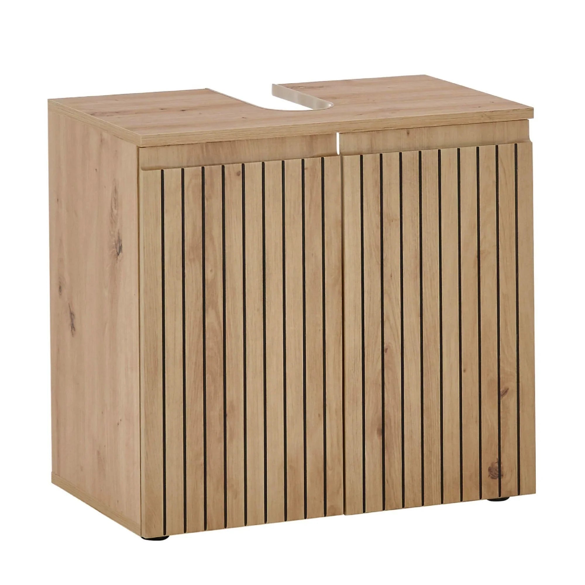 Oak effect bathroom vanity unit with slatted doors and cut-out for sink