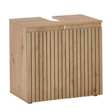 Oak effect bathroom vanity unit with slatted doors and cut-out for sink