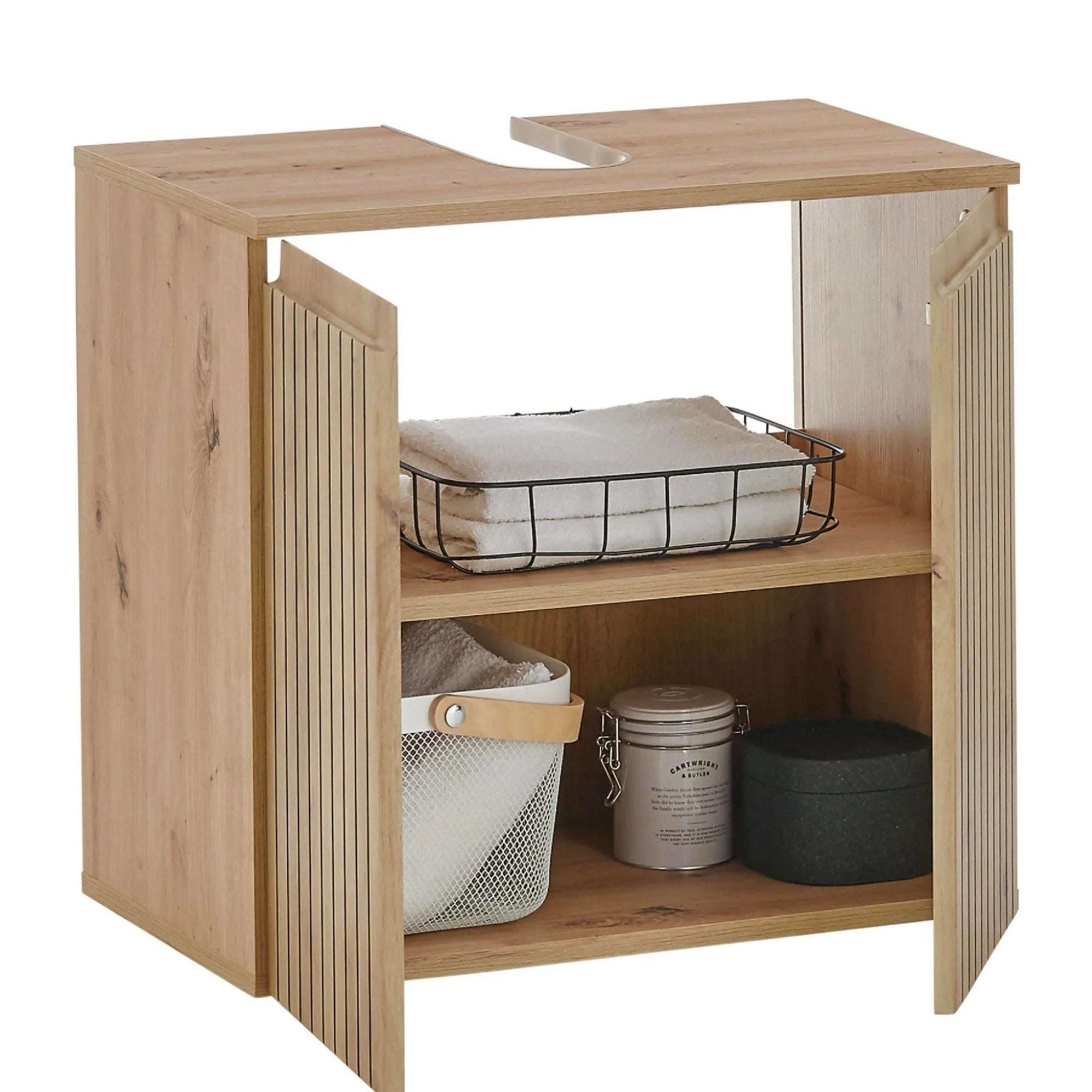 Oak effect bathroom vanity unit with double doors, open shelves and towel storage