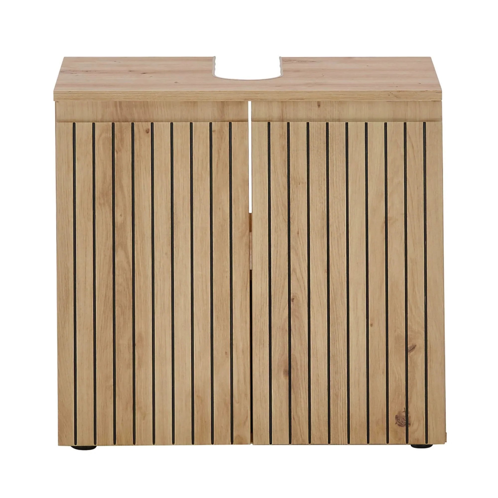 Wooden slatted bathroom vanity unit with cutout top for sink