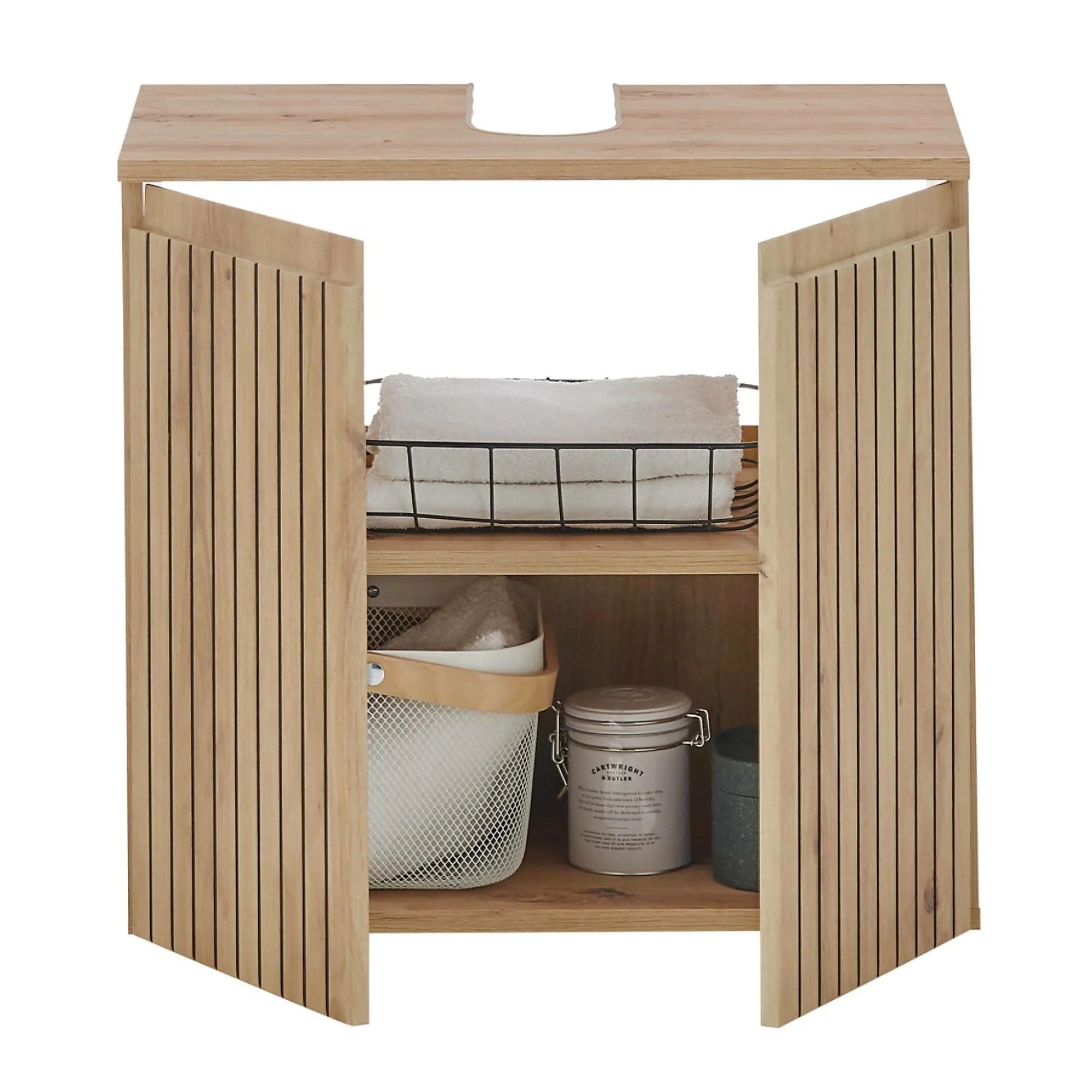 Slatted wood bathroom vanity unit with open doors, shelf storage, and towel basket