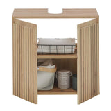 Slatted wood bathroom vanity unit with open doors, shelf storage, and towel basket