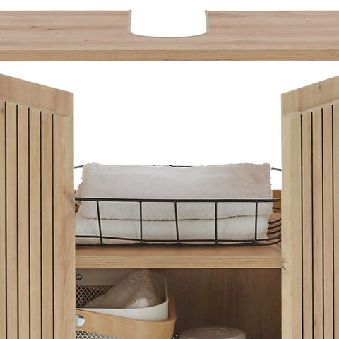 Oak bathroom cabinet with slatted doors, towel basket and storage shelf interior view