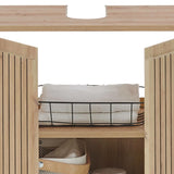 Oak bathroom cabinet with slatted doors, towel basket and storage shelf interior view