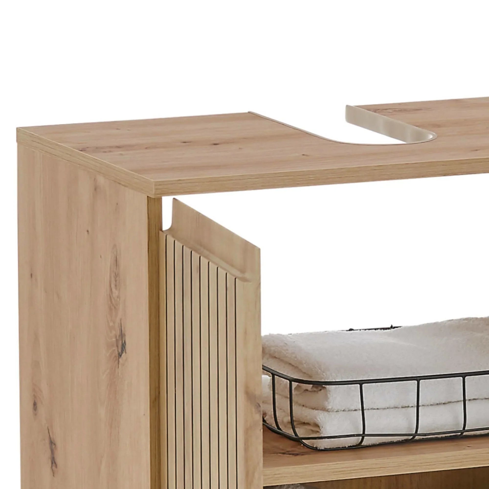 Oak effect bathroom vanity unit with slatted door and towel storage shelf