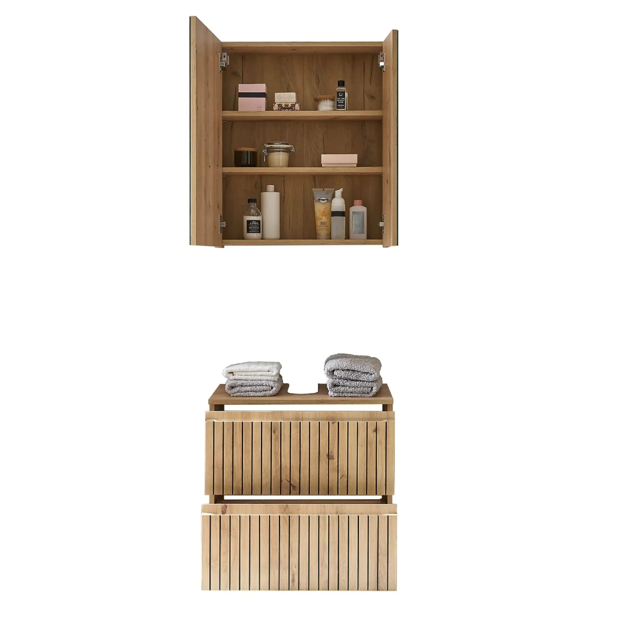 Oak bathroom cabinet and storage unit with folded towels and toiletries visible