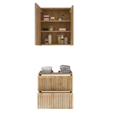 Oak bathroom cabinet and storage unit with folded towels and toiletries visible