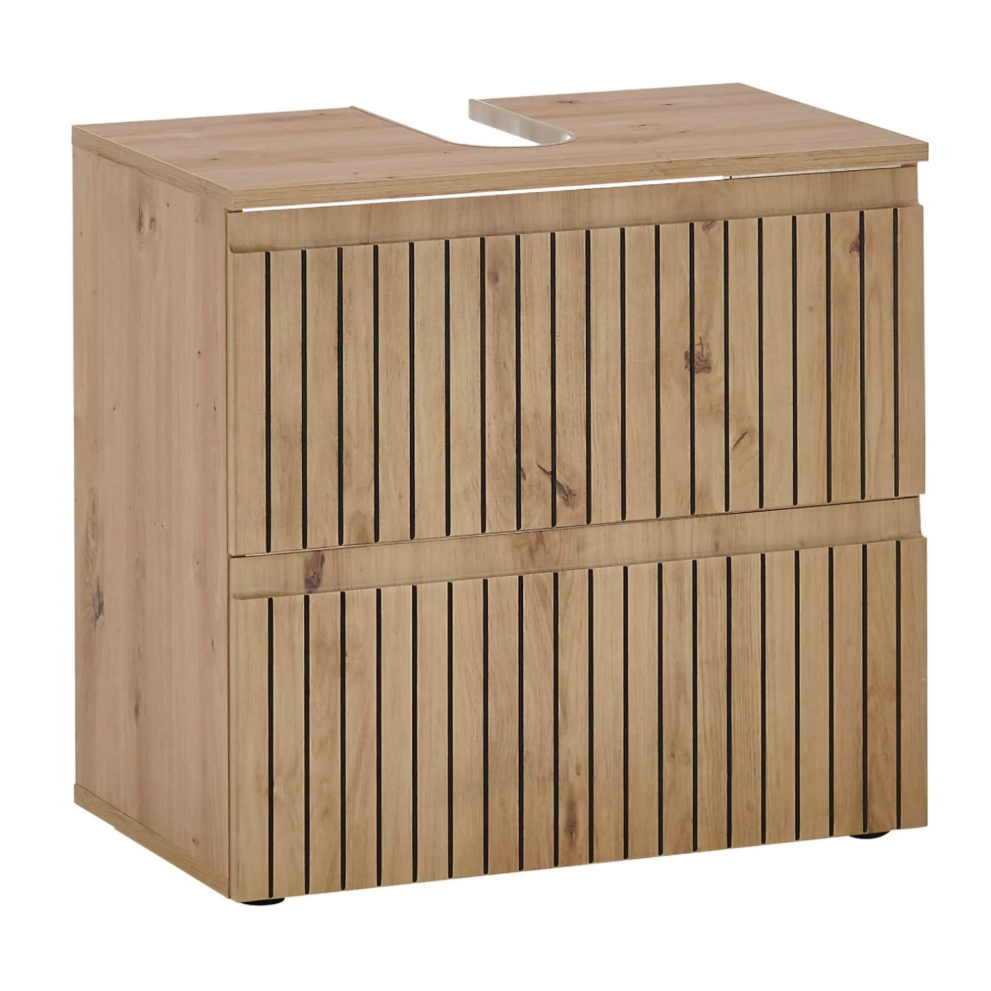 Oak effect slatted bathroom vanity unit with U-shaped cut-out for sink installation