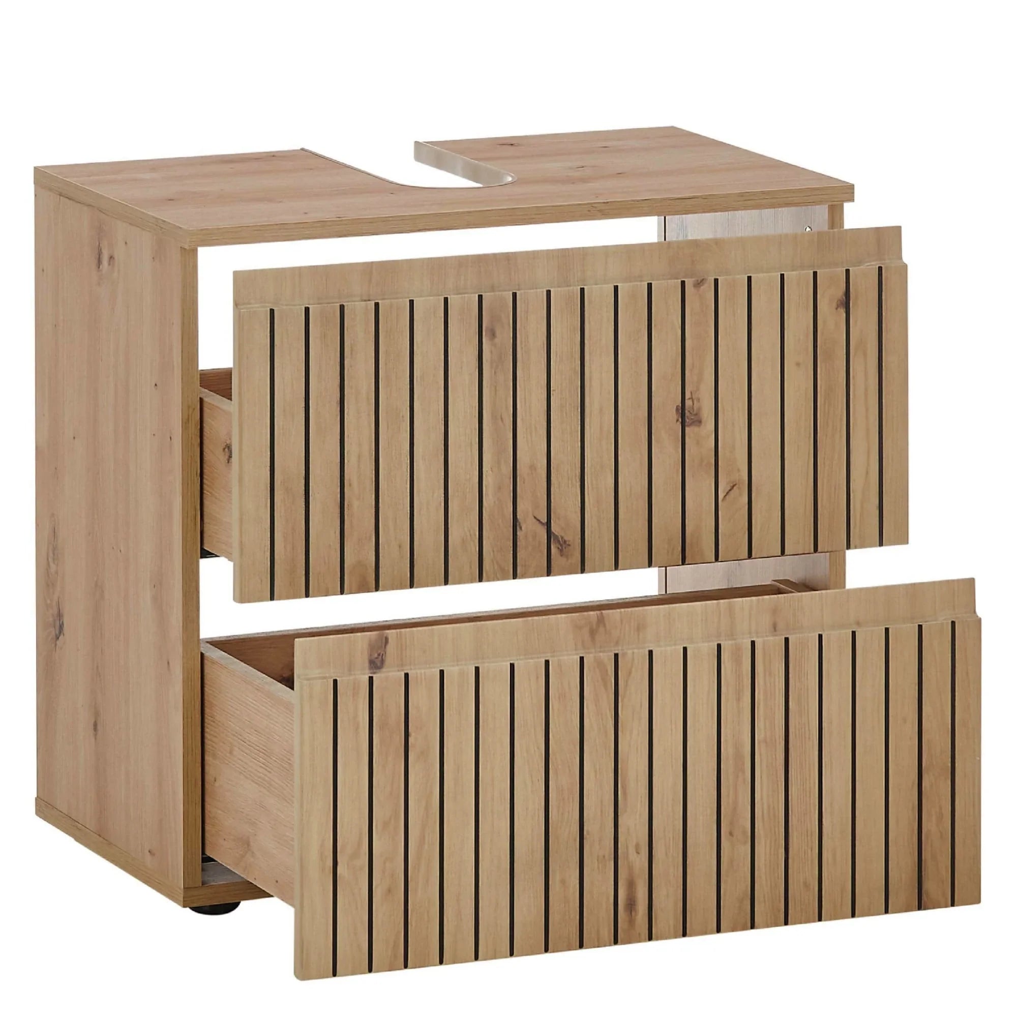 Oak effect vanity unit with two slatted drawers and cut-out for basin