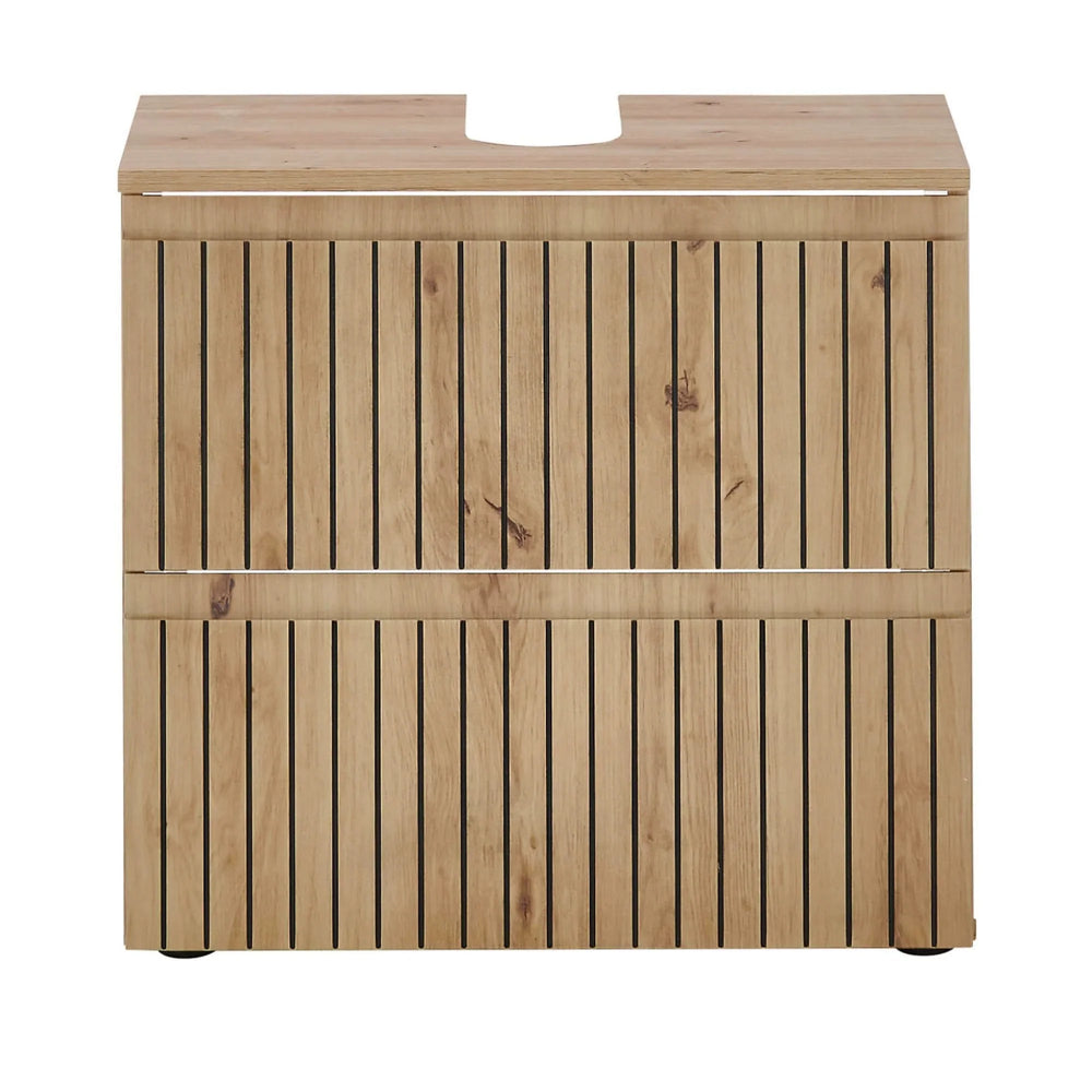 Oak bathroom vanity unit with slatted wood design and cut-out for sink