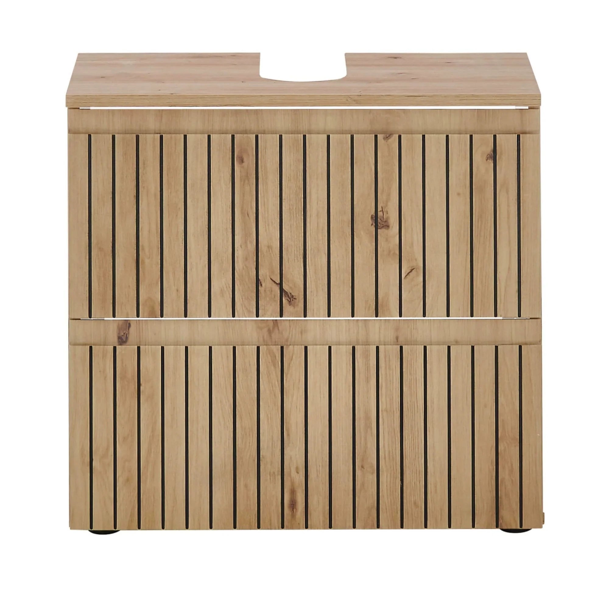 Oak bathroom vanity unit with slatted wood design and cut-out for sink