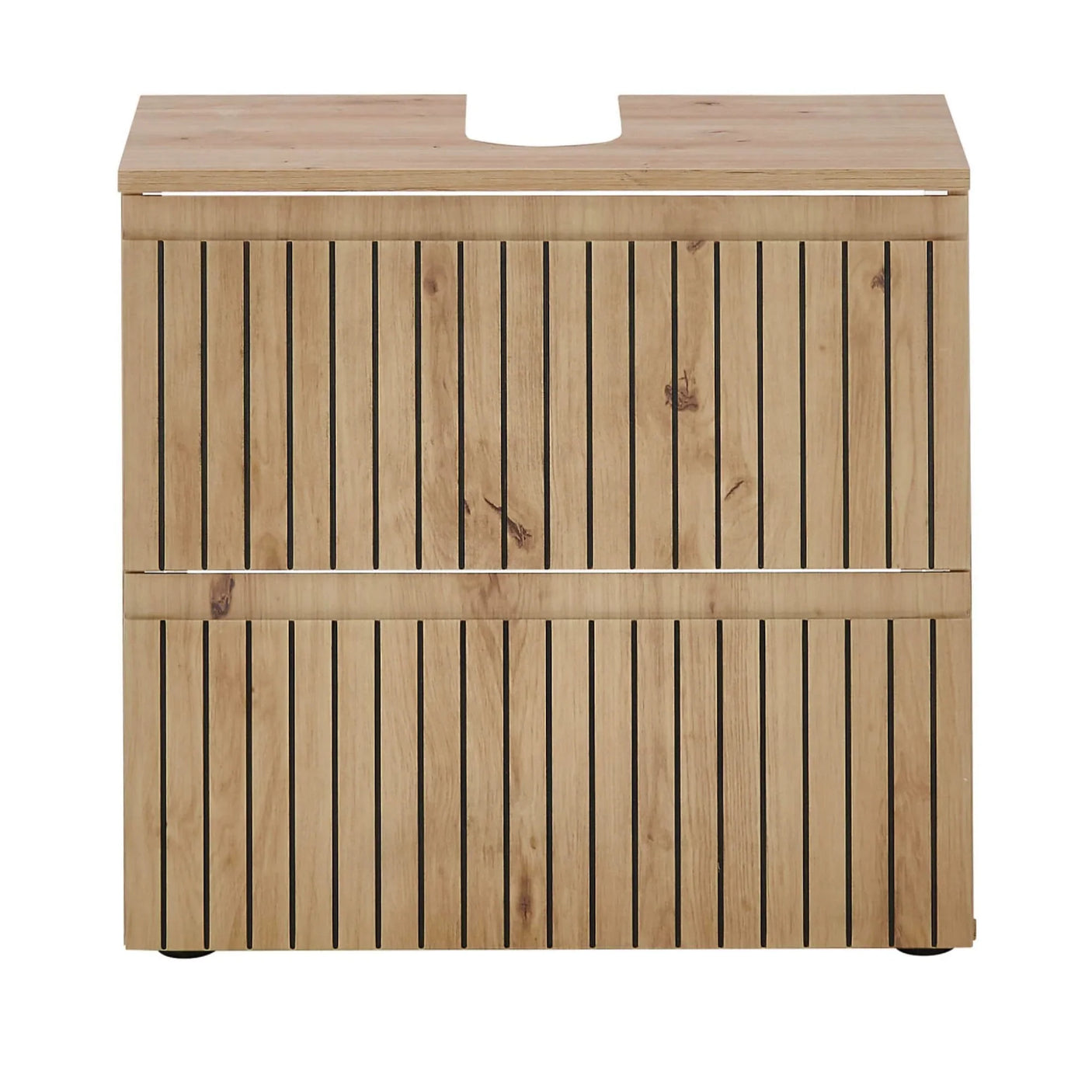 Oak bathroom vanity unit with slatted wood design and cut-out for sink