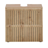 Oak bathroom vanity unit with slatted wood design and cut-out for sink